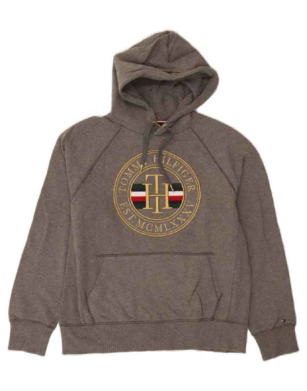 TOMMY HILFIGER Mens Graphic Hoodie Jumper Large Grey Cotton