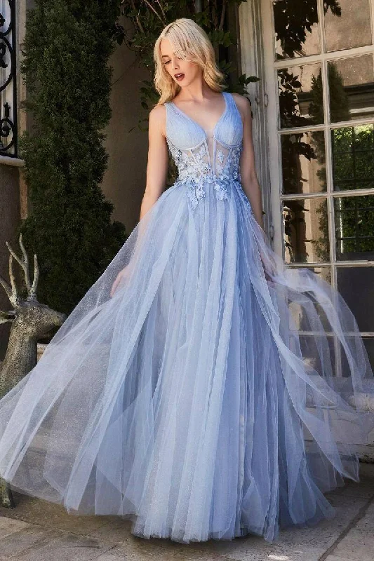 casual dressMegara Tulle Embroidered Lace Bodice Side Slit Illusion V-Neck Long Prom Dress CDA1057