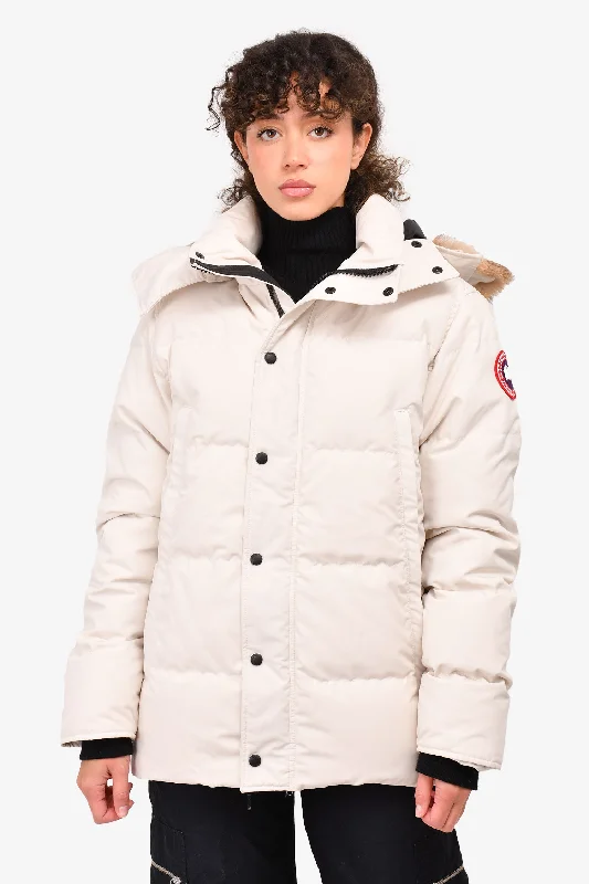 oversized puffer coatCanada Goose White Wyndham Heritage Fur Hooded Parka Coat Size M