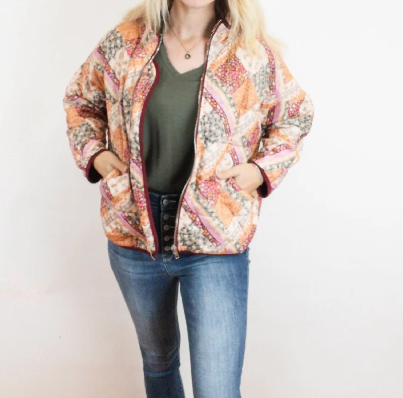 Patch Print Quilted Jacket In Pink