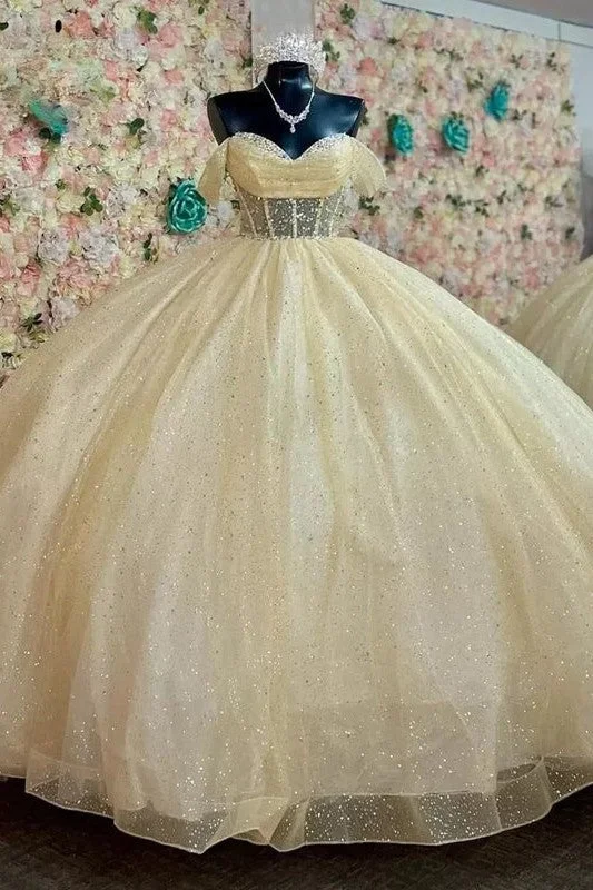 vintage dressYellow Off The Shoulder Sweetheart See-through Ball Gown