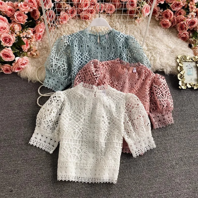 everyday winter coatPuff-sleeved lace shirt short-sleeved solid color short top for women      S3898