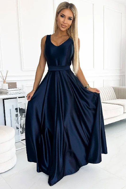 denim dressNumoco 508-1 CINDY long satin dress with a neckline and bow - navy blue