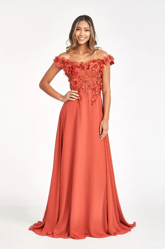 one-shoulder dressFloral 3D Applique and Embroidery Embellished Bodice A-Line Chiffon Long Prom Dress GLGL3018