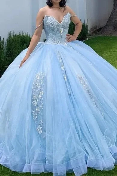 shift dressV-neck Sky Blue Tulle Sleeveless Quinceanera Dresses