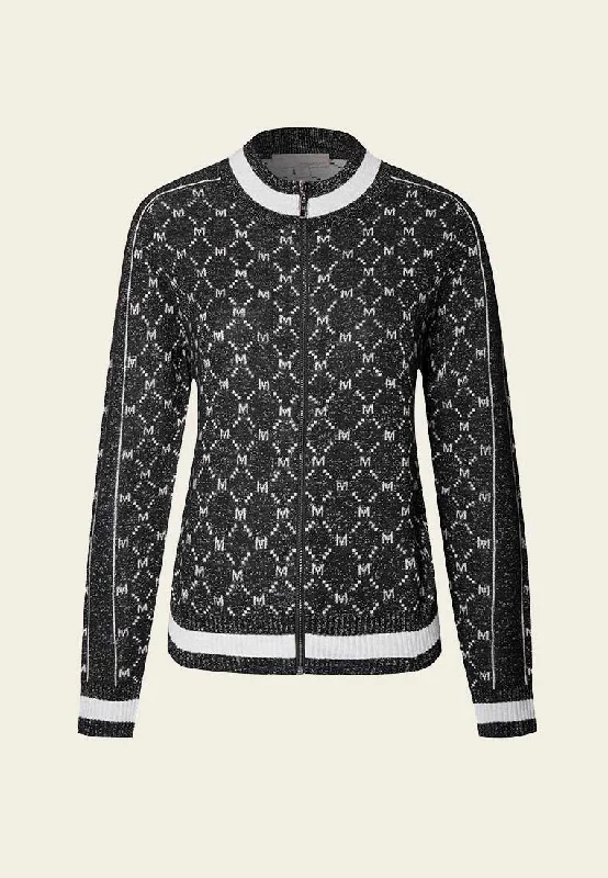 fashionable outerwearBlack MOISELLE Monogram Knit Zip-up Sweater