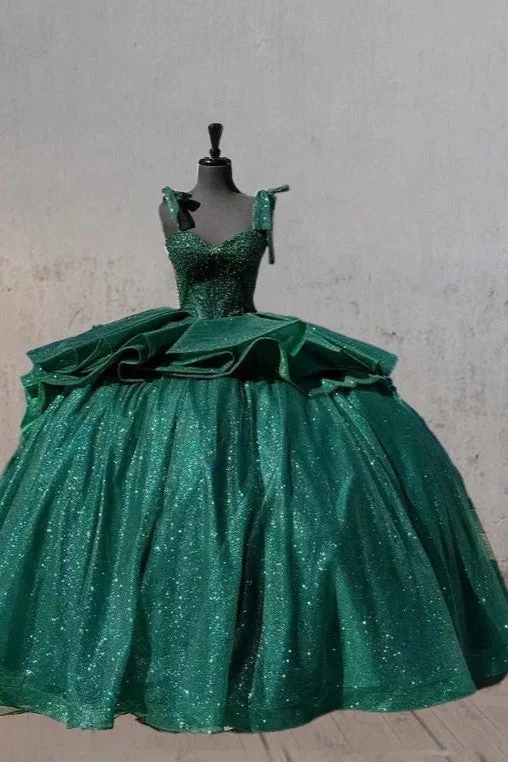 v-neck dressSparkly Dark Green Spaghetti Straps Quinceanera Dresses