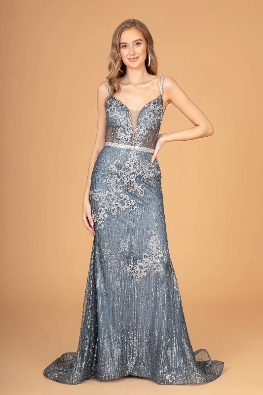 cocktail dressFloral Embroidery Glitter Mesh Mermaid w/ Jeweled Waist Band Long Prom Dress GLGL2889