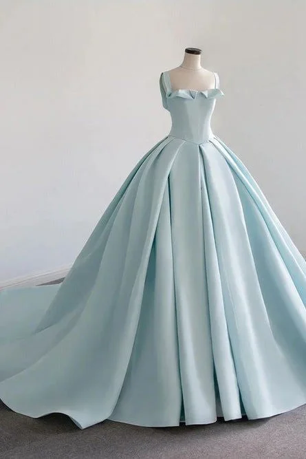 spaghetti strap dressChic Straps Sky Blue Satin Sleeveless Ball Gown