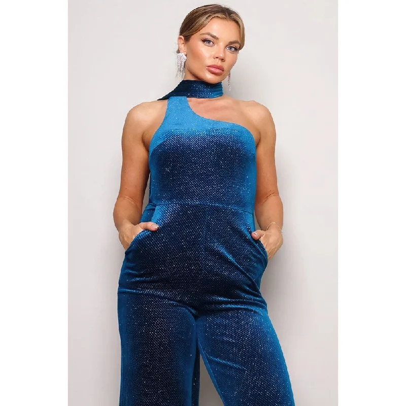 satin dressTeal Polyester Scarf Top Glitter Velvet Jumpsuit