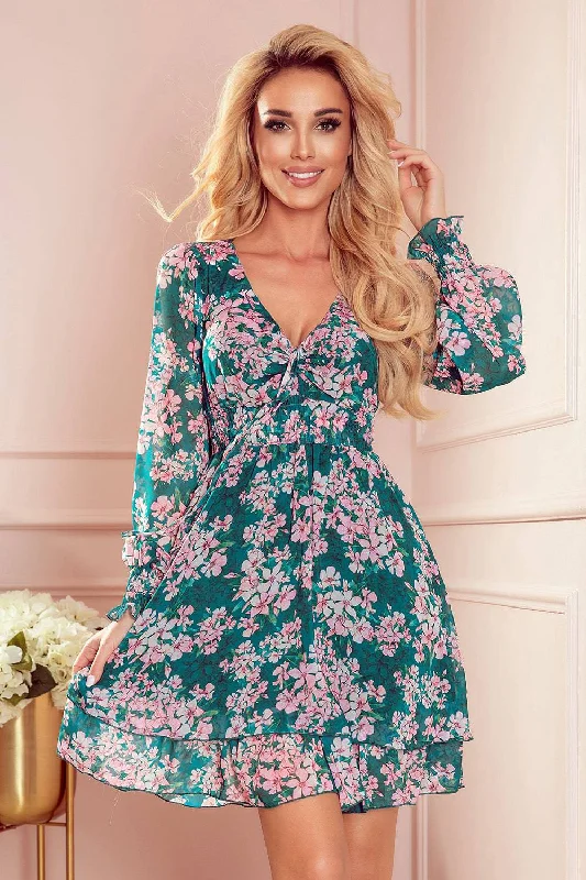 summer floral dressNumoco 410-2 MONICA chiffon dress with a tied neckline - pink flowers on a green background