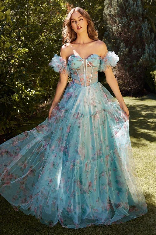 backless dressBlue Floral Printed Off Shoulder Sheer Bodice Long Prom Dress CDA1285