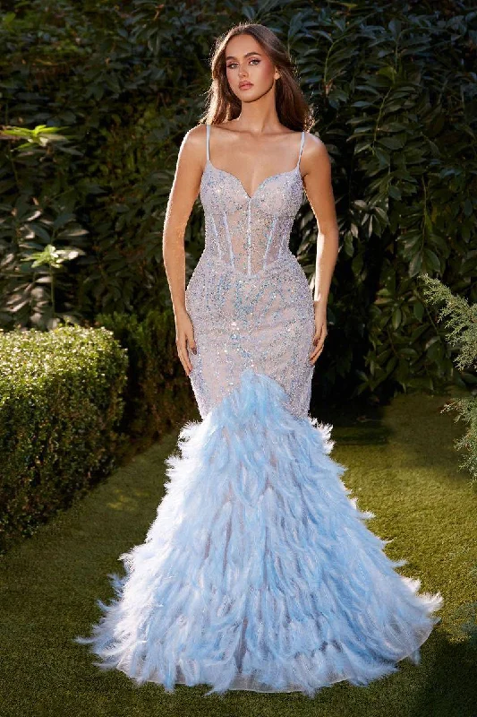 floral dressEmbellished Mermaid Feather Train Sheer Bodice Long Prom Dress CDA1298